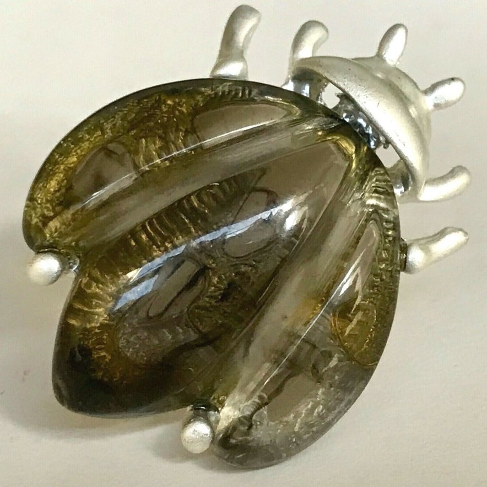 Vintage Beetle Pin Brooch Silver Tone Ladybug Bug Insect Simulated Amber